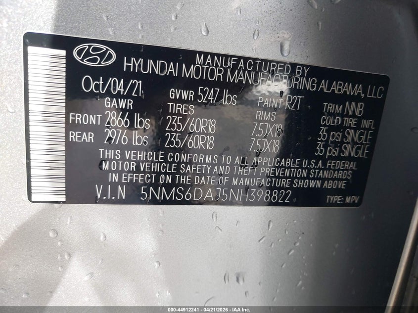 2022 Hyundai Santa fe VIN 5NMS6DAJ5NH398822 IAAI salvage auction — FRONT END, Salvage Title, sold $2,900 on 2026-07-09 (photo 9)