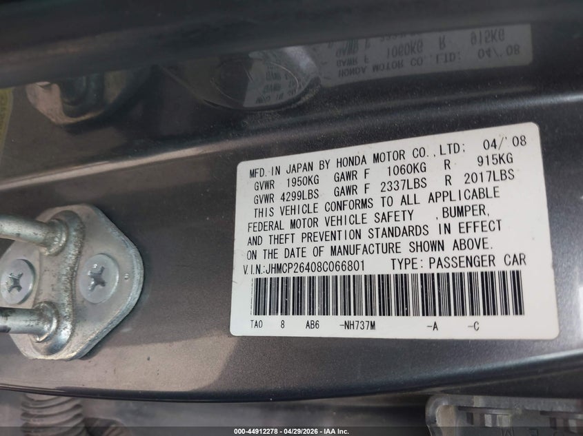 2008 Honda Accord VIN JHMCP26408C066801 IAAI salvage auction — LEFT FRONT, Original (Texas), sold $1,175 on 2026-07-16 (photo 9)