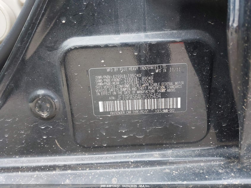 2012 Subaru Impreza VIN JF1GPAS64CH205494 IAAI salvage auction — FRONT END, Salvage (Maine), sold $400 on 2026-07-06 (photo 9)