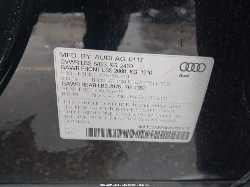 2017 Audi Q5 VIN WA1C2AFP6HA096914 IAAI salvage auction — REAR END, Salvage (Texas), sold $2,300 on 2026-07-29 (photo 9)