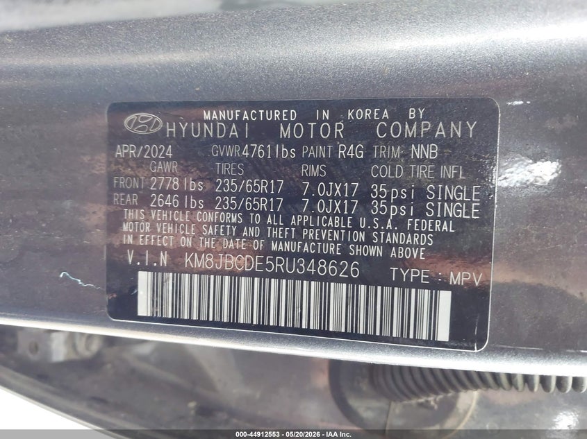 2024 Hyundai Tucson VIN KM8JBCDE5RU348626 IAAI salvage auction — LEFT SIDE, Salvage (Nebraska), sold $7,150 on 2026-07-30 (photo 9)