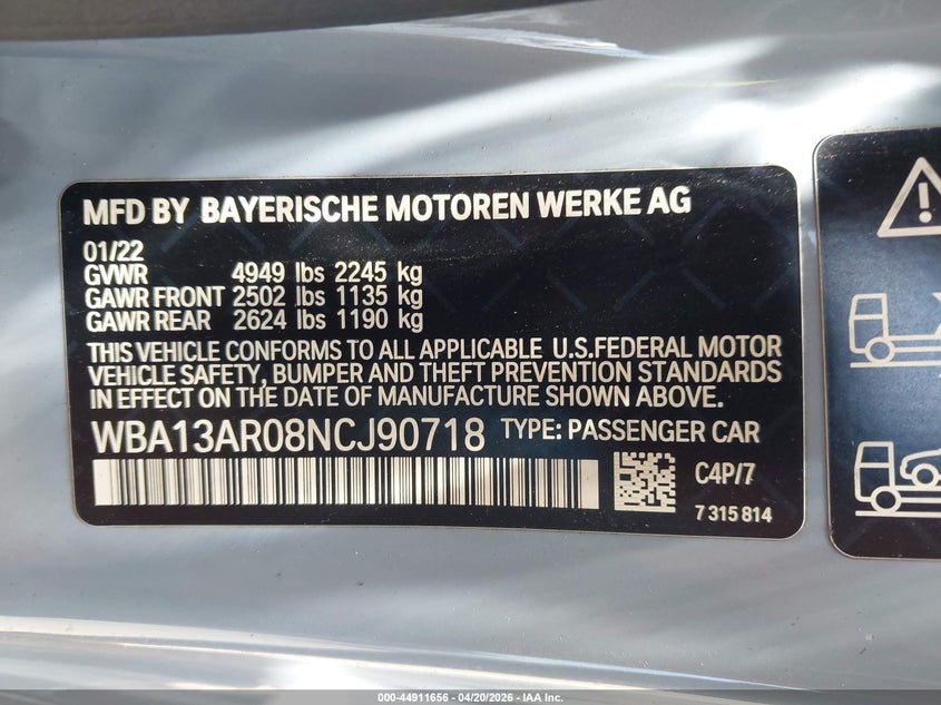 2022 BMW 4er VIN WBA13AR08NCJ90718 IAAI salvage auction — FRONT END, Salvage Title, sold $19,600 on 2026-08-05 (photo 9)