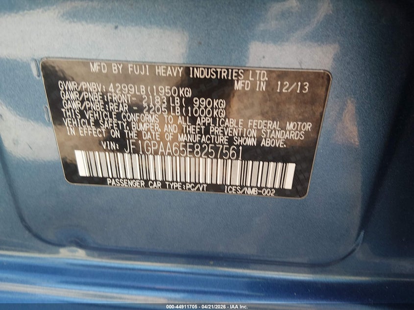 2014 Subaru Impreza VIN JF1GPAA65E8257561 IAAI salvage auction — FRONT END, Salvage (Kentucky), sold $250 on 2026-07-29 (photo 9)