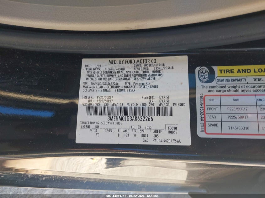 2010 Mercury Milan VIN 3MEHM0JG3AR632266 IAAI salvage auction — FRONT END, Salvage (Missouri), sold $25 on 2026-07-21 (photo 9)