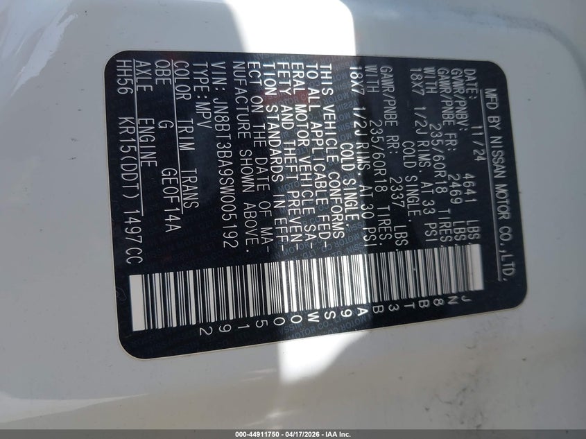 2025 Nissan Rogue VIN JN8BT3BA9SW005192 IAAI salvage auction — RIGHT FRONT, Wait Title, sold $5,975 on 2026-07-15 (photo 9)