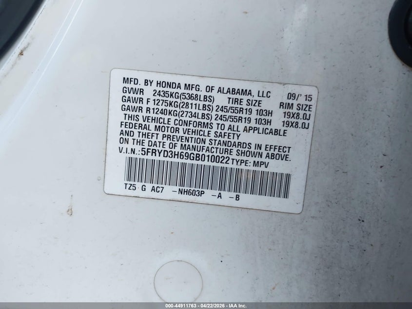 2016 Acura Mdx VIN 5FRYD3H69GB010022 IAAI salvage auction — LEFT SIDE, Salvage (Hawaii), sold $50 on 2026-07-28 (photo 9)