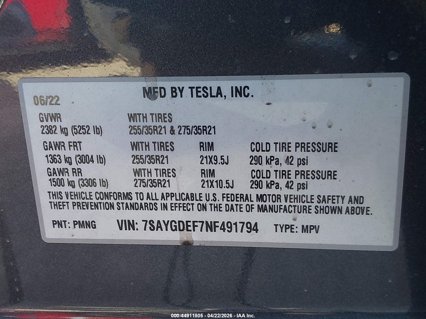 2022 Tesla Model y VIN 7SAYGDEF7NF491794 IAAI salvage auction — REAR END, Salvage Title, sold $9,500 on 2026-08-02 (photo 9)