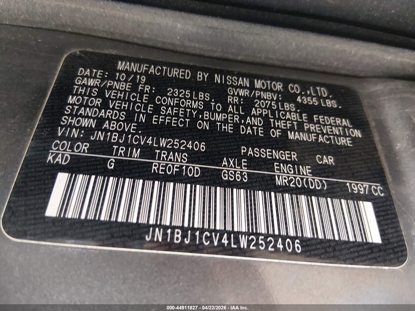 2020 Nissan Rogue VIN JN1BJ1CV4LW252406 IAAI salvage auction — FRONT END, Salvage (Tennessee), sold $2,150 on 2026-07-19 (photo 9)