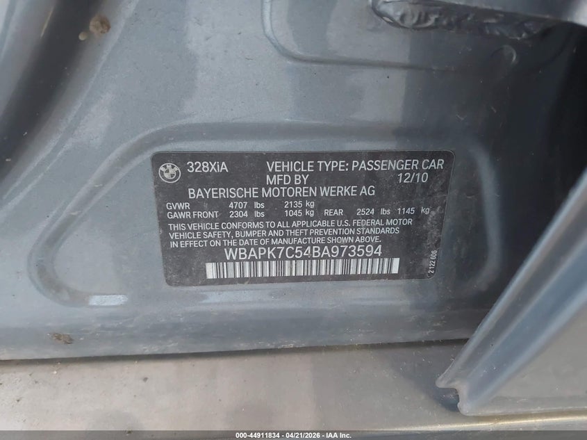 2011 BMW 3er VIN WBAPK7C54BA973594 IAAI salvage auction — RIGHT FRONT, Prior Salvage (Minnesota), sold $750 on 2026-07-08 (photo 9)