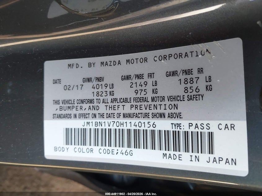 2017 Mazda 3 VIN JM1BN1V70H1140156 IAAI salvage auction — LEFT FRONT, Salvage (Arizona), sold $850 on 2026-07-21 (photo 9)