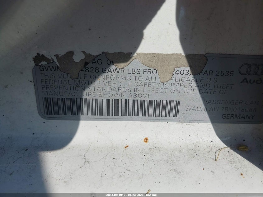 2011 Audi A4 VIN WAUHFAFL7BN018068 IAAI salvage auction — BURN, Salvage - Greater Than 75% (Maryland), sold $400 on 2026-07-17 (photo 9)