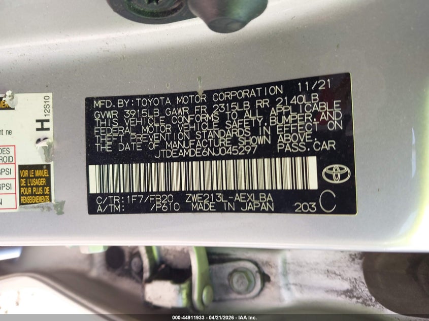 2022 Toyota Corolla VIN JTDEAMDE6NJ045297 IAAI salvage auction — LEFT FRONT, Salvage (Ohio), sold $4,800 on 2026-07-09 (photo 9)
