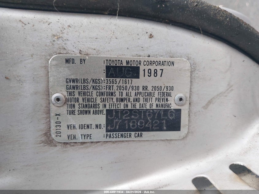 1988 Toyota Celica VIN JT2ST67L6J7189421 IAAI salvage auction — NORMAL WEAR, Clear (Oregon), sold $100 on 2026-07-14 (photo 9)