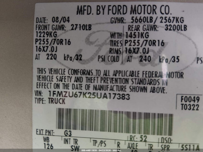 2005 Ford Explorer sport trac VIN 1FMZU67K25UA17383 IAAI salvage auction — HAIL, Salvage (Kansas), sold $700 on 2026-07-11 (photo 9)