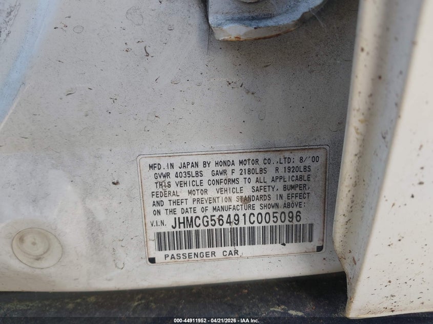 2001 Honda Accord VIN JHMCG56491C005096 IAAI salvage auction — NORMAL WEAR, Salvage (Texas), sold $450 on 2026-07-28 (photo 9)