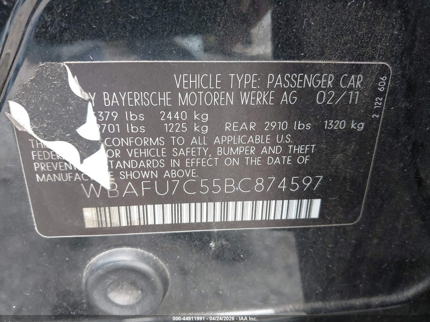 2011 BMW 5er VIN WBAFU7C55BC874597 IAAI salvage auction — RIGHT FRONT, Bill Of Sale (Hawaii), sold $400 on 2026-07-28 (photo 9)