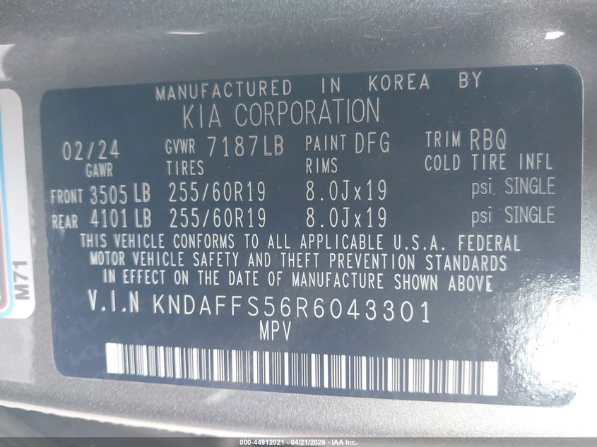 2024 Kia Ev9 VIN KNDAFFS56R6043301 IAAI salvage auction — RIGHT REAR, Salvage Title, sold $16,300 on 2026-07-23 (photo 9)