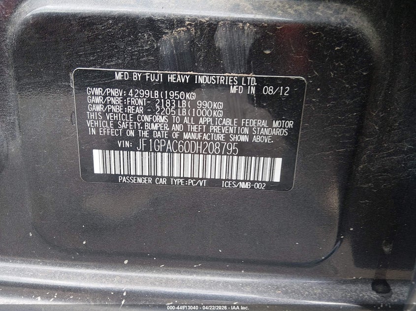 2013 Subaru Impreza VIN JF1GPAC60DH208795 IAAI salvage auction — REAR END, Original (Kentucky), sold $875 on 2026-07-06 (photo 9)