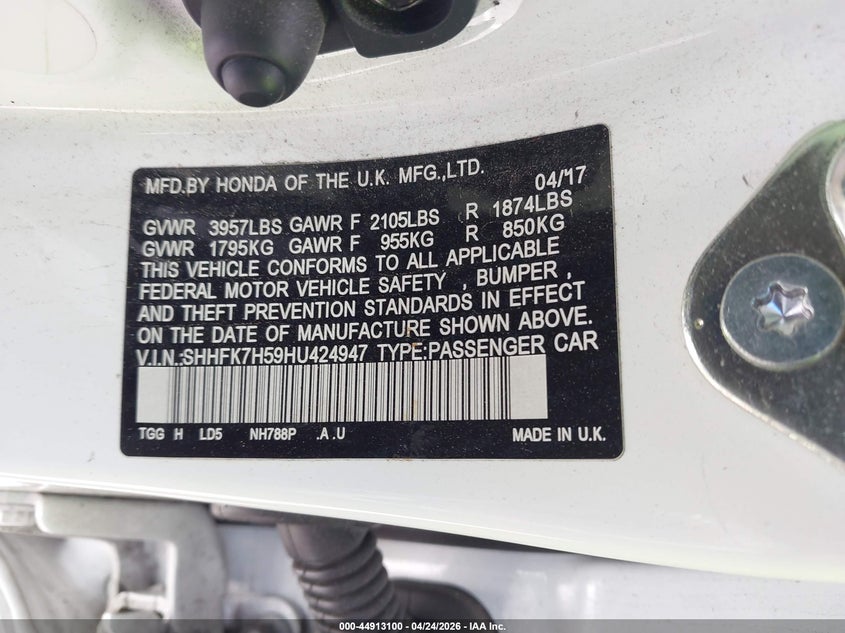 2017 Honda Civic VIN SHHFK7H59HU424947 IAAI salvage auction — FRONT & REAR, Salvage Title, sold $900 on 2026-07-22 (photo 9)