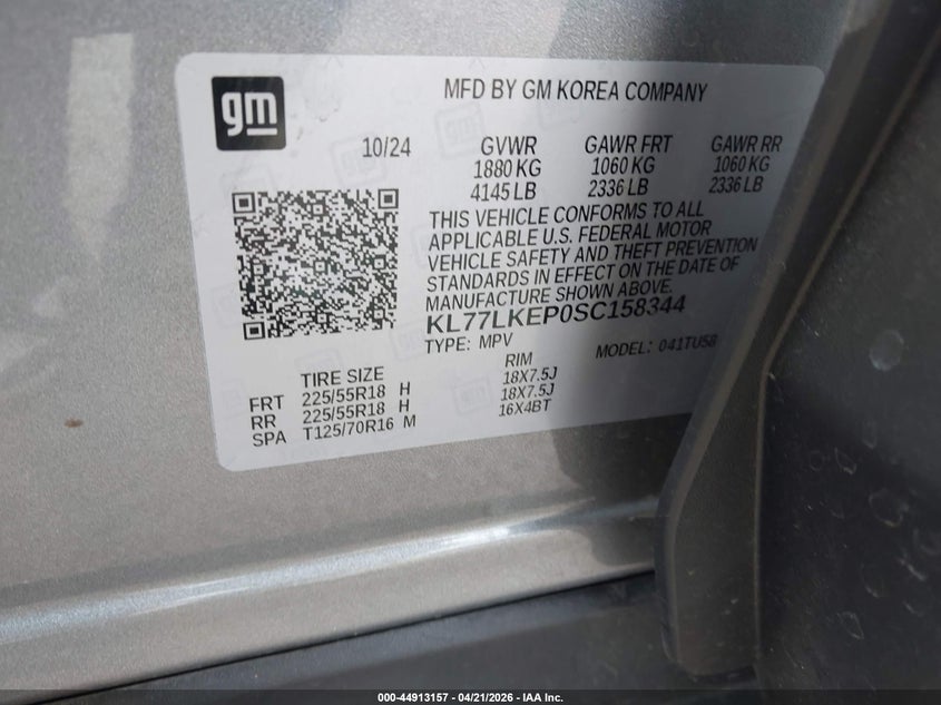 2025 Chevrolet Trax VIN KL77LKEP0SC158344 IAAI salvage auction — FRONT END, Clear (Oklahoma), sold $3,400 on 2026-07-14 (photo 9)