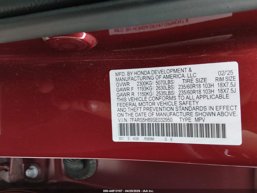 2025 Honda Cr-v VIN 7FARS5H89SE032950 IAAI salvage auction — RIGHT FRONT, Salvage Title, sold $13,200 on 2026-07-09 (photo 9)