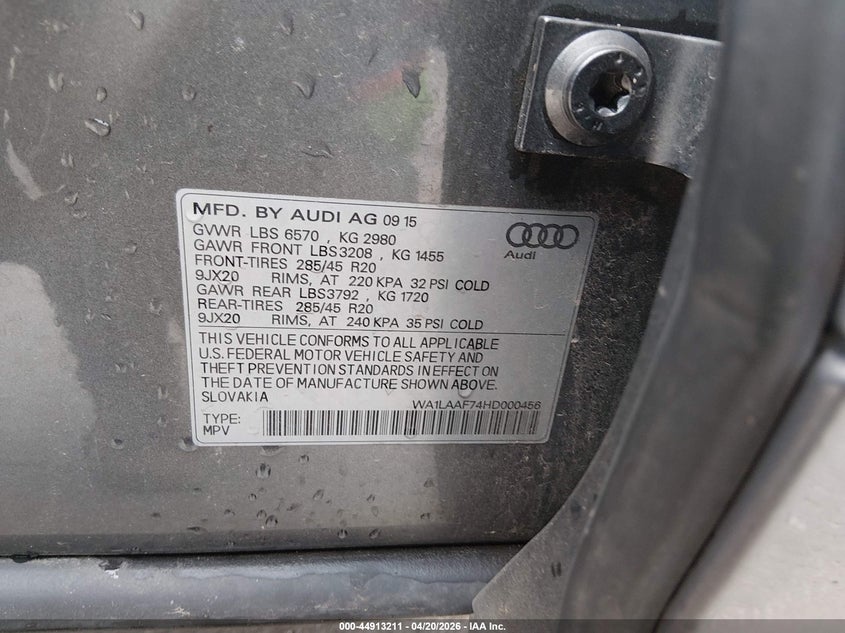 2017 Audi Q7 VIN WA1LAAF74HD000456 IAAI salvage auction — UNKNOWN, Salvage Title, sold $5,100 on 2026-07-09 (photo 9)