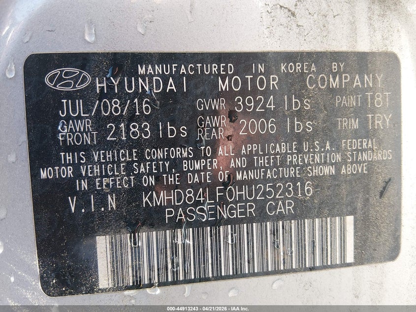 2017 Hyundai Elantra VIN KMHD84LF0HU252316 IAAI salvage auction — RIGHT SIDE, Salvage Title, sold $1,450 on 2026-07-22 (photo 9)