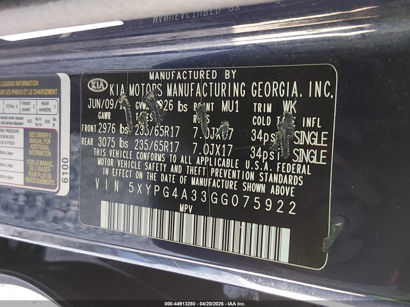 2016 Kia Sorento VIN 5XYPG4A33GG075922 IAAI salvage auction — RIGHT FRONT, Salvage (Kentucky), sold $825 on 2026-07-24 (photo 9)