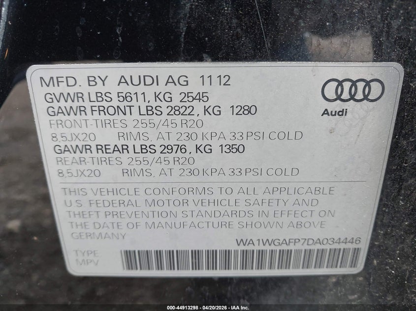 2013 Audi Q5 VIN WA1WGAFP7DA034446 IAAI salvage auction — RIGHT SIDE, Salvage (New Jersey), sold $1,950 on 2026-07-30 (photo 9)