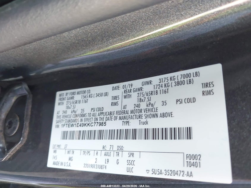 2019 Ford F-150 VIN 1FTEW1E49KKC77985 IAAI salvage auction — RIGHT SIDE, Wait Title, sold $7,050 on 2026-07-12 (photo 9)