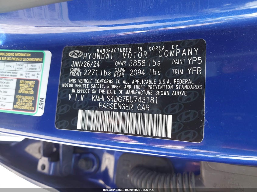 2024 Hyundai Elantra VIN KMHLS4DG7RU743181 IAAI salvage auction — LEFT SIDE, Clear (Oklahoma), sold $4,150 on 2026-07-14 (photo 9)
