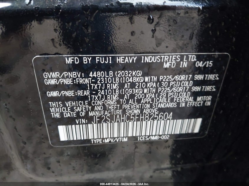 2015 Subaru Forester VIN JF2SJAHC5FH825604 IAAI salvage auction — RIGHT SIDE, Clear (Oklahoma), sold $650 on 2026-07-22 (photo 9)