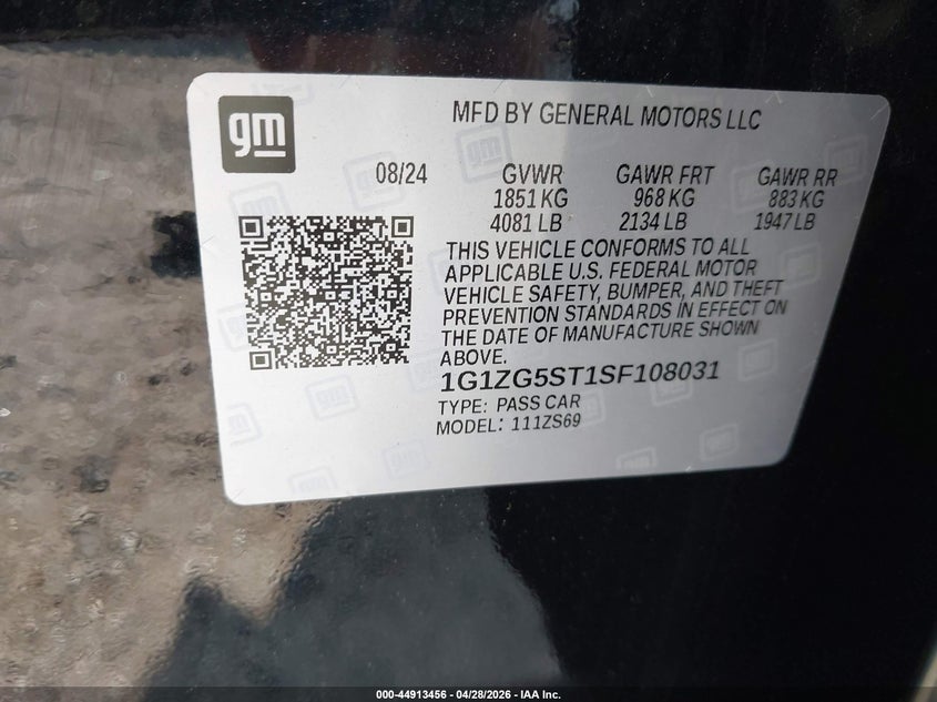 2025 Chevrolet Malibu VIN 1G1ZG5ST1SF108031 IAAI salvage auction — LEFT REAR, Salvage Title, sold $9,650 on 2026-07-16 (photo 9)