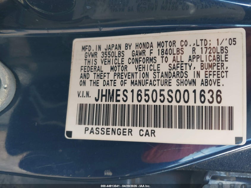 2005 Honda Civic VIN JHMES16505S001636 IAAI salvage auction — NORMAL WEAR, Salvage (Texas), sold $450 on 2026-07-31 (photo 9)