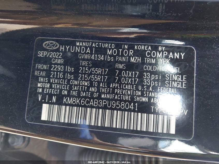 2023 Hyundai Kona VIN KM8K6CAB3PU958041 IAAI salvage auction — FRONT END, Mv-907A (New York), sold $2,625 on 2026-07-14 (photo 9)