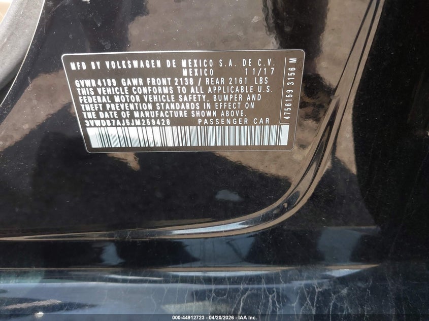 2018 Volkswagen Jetta VIN 3VWDB7AJ5JM259428 IAAI salvage auction — FRONT END, Salvage (Iowa), sold $2,400 on 2026-07-29 (photo 9)