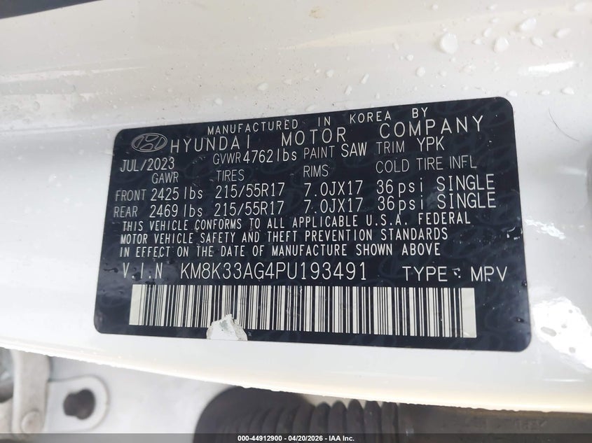 2023 Hyundai Kona VIN KM8K33AG4PU193491 IAAI salvage auction — RIGHT REAR, Salvage Title, sold $6,250 on 2026-07-13 (photo 9)