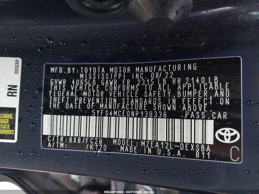 2022 Toyota Corolla VIN 5YFS4MCE0NP130336 IAAI salvage auction — REAR END, Original (Texas), sold $8,850 on 2026-07-13 (photo 9)