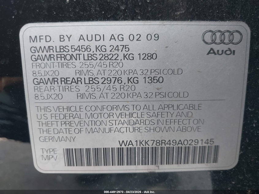2009 Audi Q5 VIN WA1KK78R49A029145 IAAI salvage auction — FRONT END, Salvage (New Jersey), sold $500 on 2026-07-28 (photo 9)