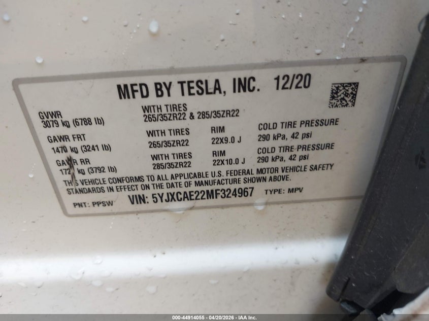 2021 Tesla Model x VIN 5YJXCAE22MF324967 IAAI salvage auction — REAR END, Salvage Title, sold $12,700 on 2026-07-17 (photo 9)