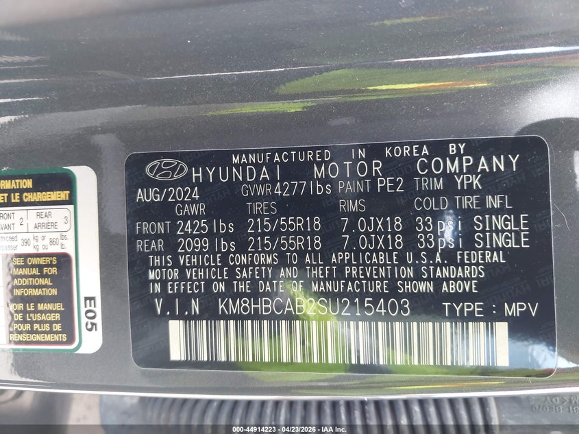 2025 Hyundai Kona VIN KM8HBCAB2SU215403 IAAI salvage auction — FRONT END, Original (Texas), sold $4,075 on 2026-07-08 (photo 9)