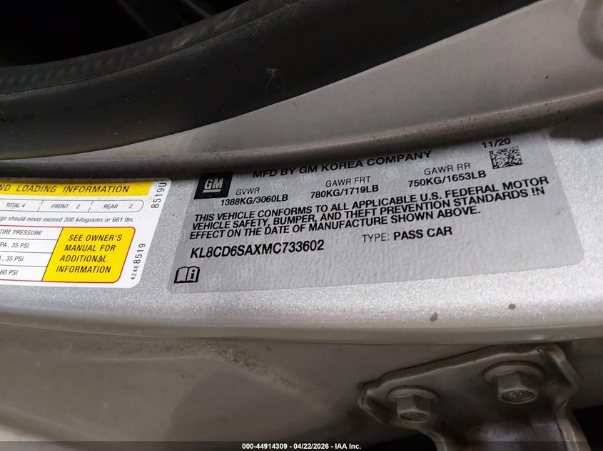 2021 Chevrolet Spark VIN KL8CD6SAXMC733602 IAAI salvage auction — FRONT END, Bill Of Sale (Alaska), sold $275 on 2026-07-10 (photo 9)
