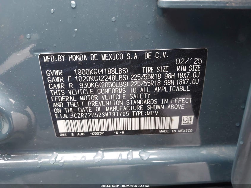 2025 Honda Hr-v VIN 3CZRZ2H52SM781705 IAAI salvage auction — LEFT SIDE, Salvage (Oregon), sold $11,900 on 2026-09-06 (photo 9)