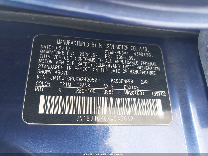 2019 Nissan Rogue VIN JN1BJ1CP0KW242052 IAAI salvage auction — RIGHT SIDE, Salvage (Texas), sold $1,650 on 2026-07-14 (photo 9)