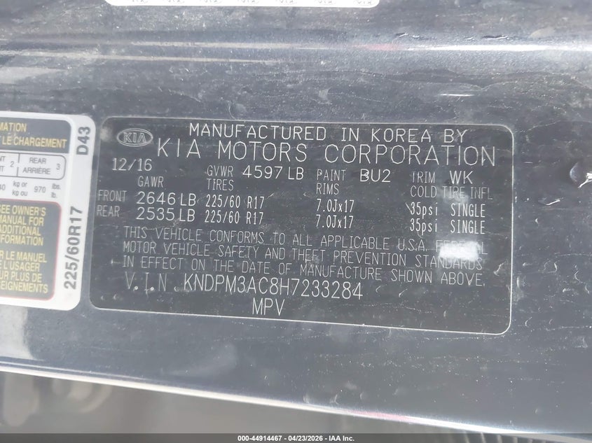 2017 Kia Sportage VIN KNDPM3AC8H7233284 IAAI salvage auction — FRONT END, Salvage Title, sold $700 on 2026-07-05 (photo 9)