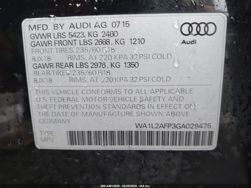 2016 Audi Q5 VIN WA1L2AFP3GA029475 IAAI salvage auction — FRONT END, Salvage Title, sold $1,250 on 2026-07-22 (photo 9)