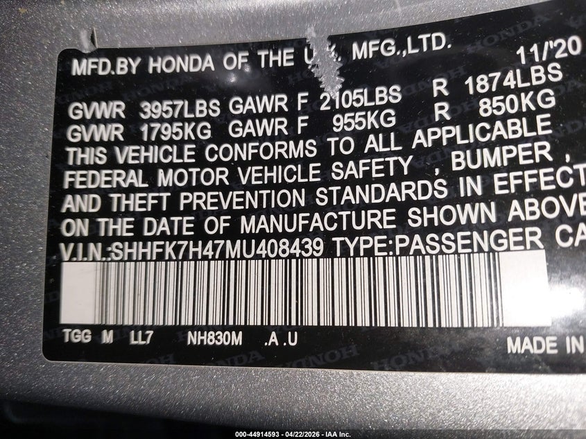 2021 Honda Civic VIN SHHFK7H47MU408439 IAAI salvage auction — FRONT END, Salvage (New Jersey), sold $3,900 on 2026-07-27 (photo 9)