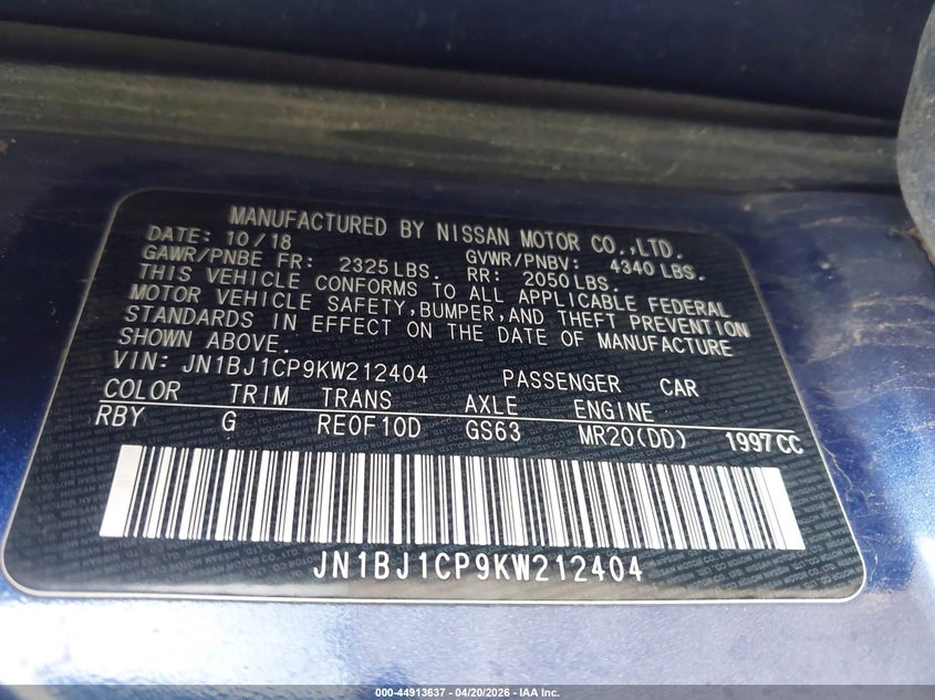 2019 Nissan Rogue VIN JN1BJ1CP9KW212404 IAAI salvage auction — RIGHT FRONT, Original (Texas), sold $1,850 on 2026-07-29 (photo 9)