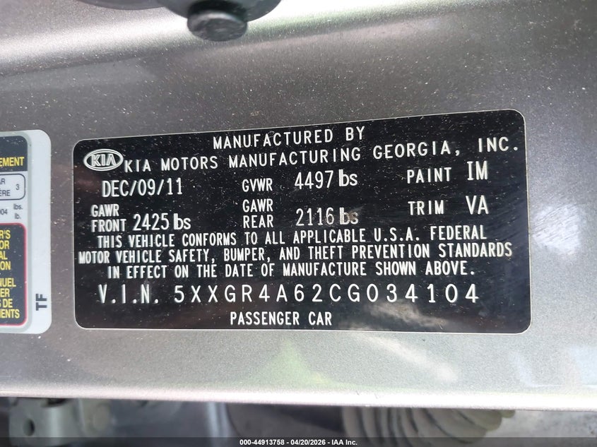 2012 Kia Optima VIN 5XXGR4A62CG034104 IAAI salvage auction — NORMAL WEAR, Bill Of Sale (Tennessee), sold $300 on 2026-07-15 (photo 9)