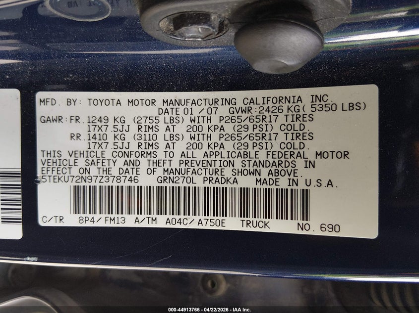 2007 Toyota Tacoma VIN 5TEKU72N97Z378746 IAAI salvage auction — FRONT END, Salvage (Nevada), sold $4,450 on 2026-07-31 (photo 9)